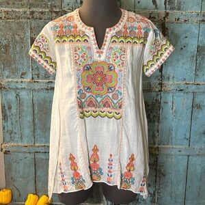 Johnny Was Floral Flowers Embroidered High Low Tunic Top White Colorful XS